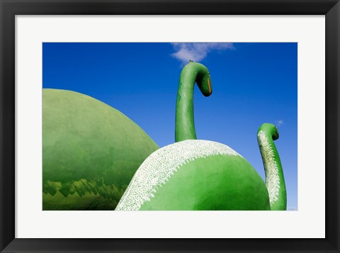 Framed Sculptures of two dinosaurs outside a rock shop, Holbrook, Route 66, Arizona, USA Print