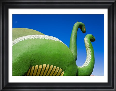 Framed Sculptures of two dinosaurs outside a rock shop, Holbrook, Route 66, Arizona, USA Print