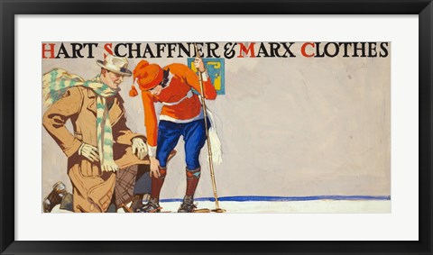 Framed Man kneeling beside woman on skis Print