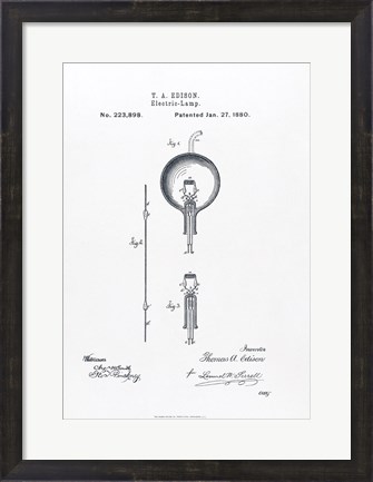 Framed Thomas Edison light bulb original patent drawing Print