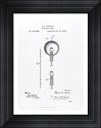 Framed Thomas Edison light bulb original patent drawing Print