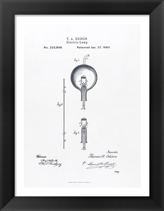 Framed Thomas Edison light bulb original patent drawing Print