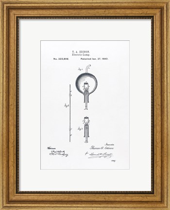 Framed Thomas Edison light bulb original patent drawing Print