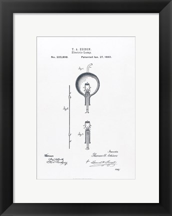 Framed Thomas Edison light bulb original patent drawing Print