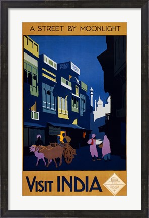 Framed Visit India, a street by moonlight, travel poster 1920 Print