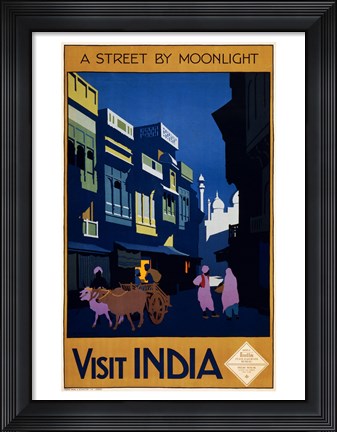 Framed Visit India, a street by moonlight, travel poster 1920 Print