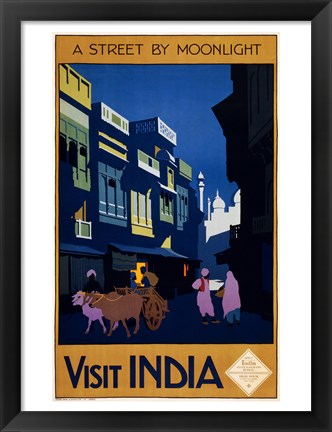 Framed Visit India, a street by moonlight, travel poster 1920 Print