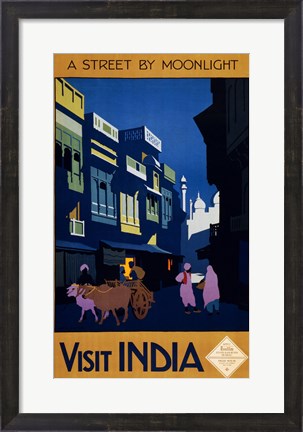 Framed Visit India, a street by moonlight, travel poster 1920 Print