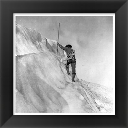 Framed Washington - Mount Rainier Guide cutting steps on ice slope near summit Print