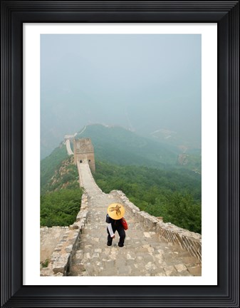 Framed Tourist climbing up steps on a wall, Great Wall of China, Beijing, China Print