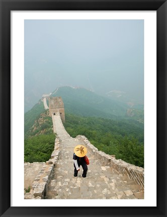 Framed Tourist climbing up steps on a wall, Great Wall of China, Beijing, China Print