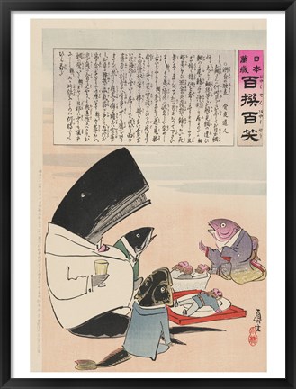 Framed whale and three fish sitting down to a formal dinner of Russian sailors Print