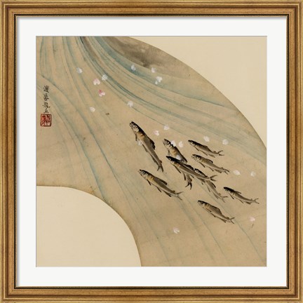 Framed Fan-shaped drawing of fish swimming upstream Print