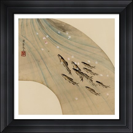 Framed Fan-shaped drawing of fish swimming upstream Print