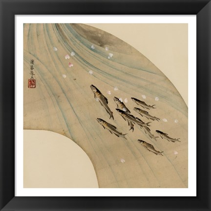 Framed Fan-shaped drawing of fish swimming upstream Print