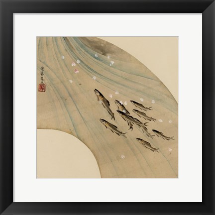 Framed Fan-shaped drawing of fish swimming upstream Print