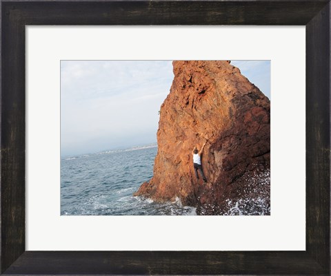 Framed Deep Water Solo on a small rock at Point de l&#39;Aiguille Print