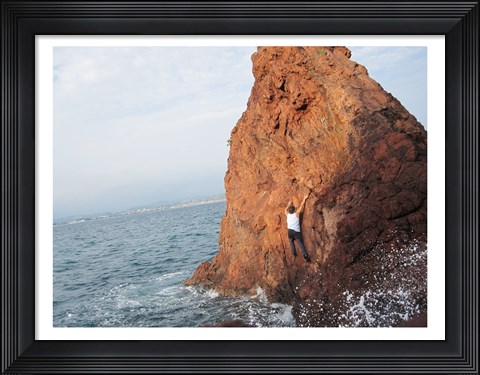 Framed Deep Water Solo on a small rock at Point de l&#39;Aiguille Print