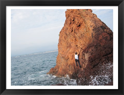 Framed Deep Water Solo on a small rock at Point de l&#39;Aiguille Print