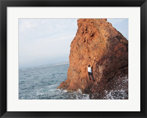 Framed Deep Water Solo on a small rock at Point de l&#39;Aiguille Print