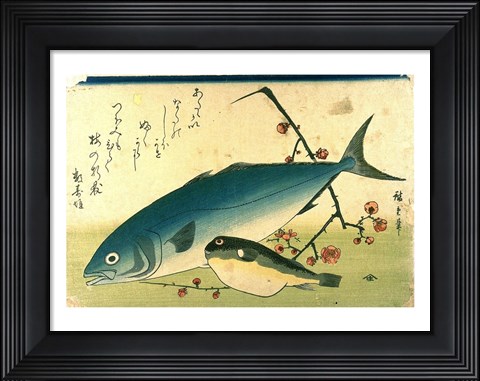 Framed Hiroshige A Shoal of Fishes Fugu Yellowtail Print