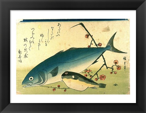 Framed Hiroshige A Shoal of Fishes Fugu Yellowtail Print