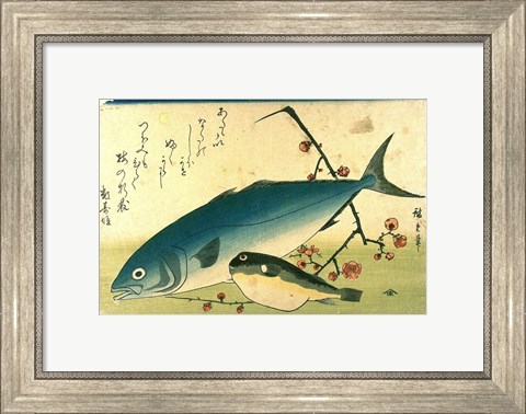 Framed Hiroshige A Shoal of Fishes Fugu Yellowtail Print