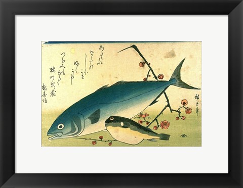 Framed Hiroshige A Shoal of Fishes Fugu Yellowtail Print