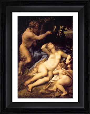 Framed Correggio - Venus and Cupid with a Satyr Print