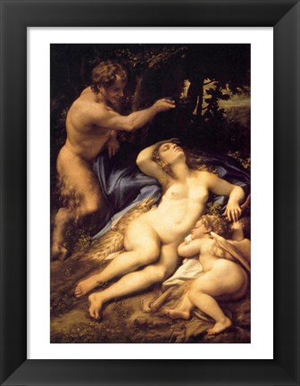 Framed Correggio - Venus and Cupid with a Satyr Print