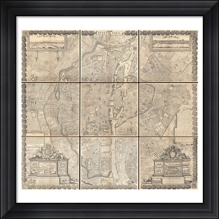 Framed 1652 Gomboust 9 Panel Map of Paris, France Print