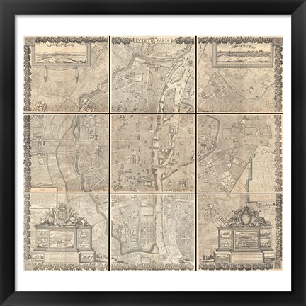 Framed 1652 Gomboust 9 Panel Map of Paris, France Print