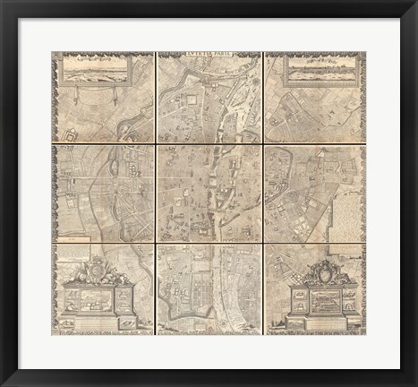 Framed 1652 Gomboust 9 Panel Map of Paris, France Print