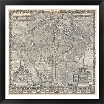 Framed 1652 Gomboust Map of Paris, France Print