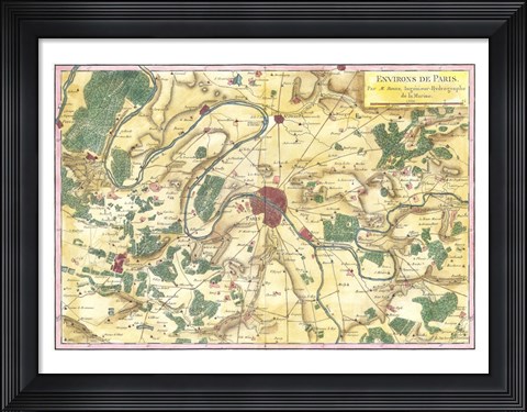 Framed 1780 Bonne Map of the Environs of Paris, France Print