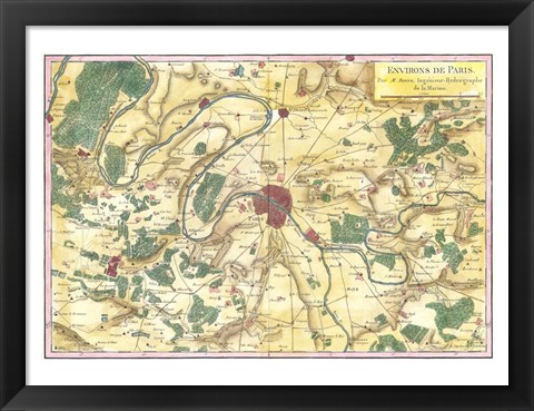 Framed 1780 Bonne Map of the Environs of Paris, France Print