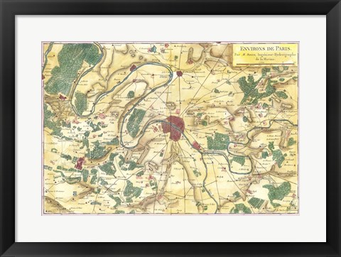 Framed 1780 Bonne Map of the Environs of Paris, France Print