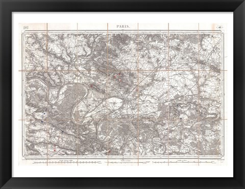 Framed 1852 Depot de Guerre Map of Paris and its Environs, France Print