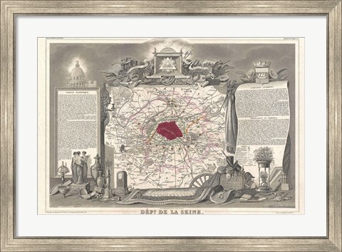 Framed 1852 Levasseur Map of the Department de la Seine Print