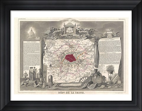 Framed 1852 Levasseur Map of the Department de la Seine Print