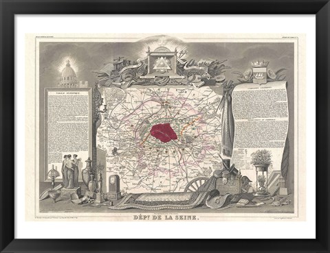 Framed 1852 Levasseur Map of the Department de la Seine Print