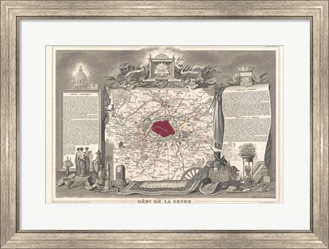 Framed 1852 Levasseur Map of the Department de la Seine Print