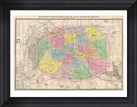 Framed 1867 colored Logerot Map of Paris, France Print
