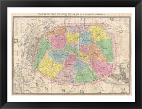 Framed 1867 colored Logerot Map of Paris, France Print