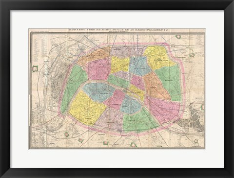 Framed 1867 colored Logerot Map of Paris, France Print