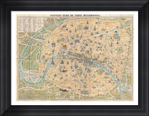 Framed 1890 Guilmin Map of Paris, France with Monuments Print
