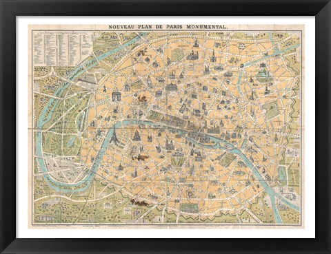 Framed 1890 Guilmin Map of Paris, France with Monuments Print