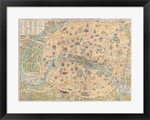 Framed 1890 Guilmin Map of Paris, France with Monuments Print