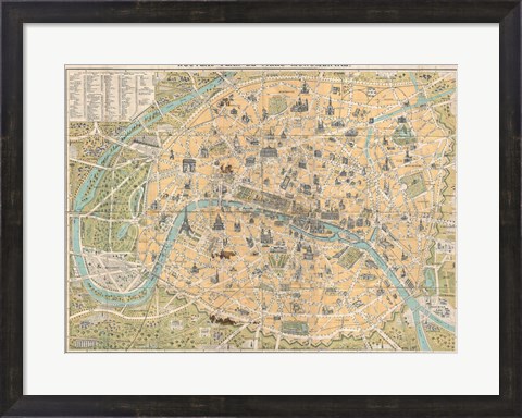 Framed 1890 Guilmin Map of Paris, France with Monuments Print