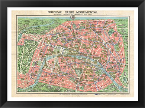 Framed Map of Paris circa 1931 including monuments Print